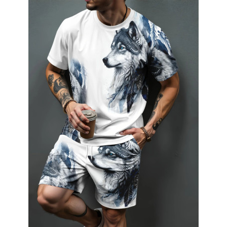 Summer New Arrival Wolf Print 3D Pattern Casual Men's Set Short-Sleeve Shirt and Shorts Two-Piece Set Everyday Casual Men's Wear