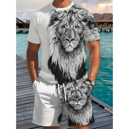 New Lion Print Men's Set Stylish T-Shirt & Drawstring Shorts Set Summer Men's Street Style Two-Piece Sports & Fitness Wear