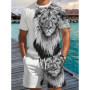New Lion Print Men's Set Stylish T-Shirt & Drawstring Shorts Set Summer Men's Street Style Two-Piece Sports & Fitness Wear