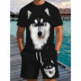New Lion Print Men's Set Stylish T-Shirt & Drawstring Shorts Set Summer Men's Street Style Two-Piece Sports & Fitness Wear