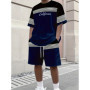 Summer Oversized T-Shirt and Shorts Set Letter Patchwork Color Print Casual Beachwear Mens Streetwear Sports Style Two-Piece Set
