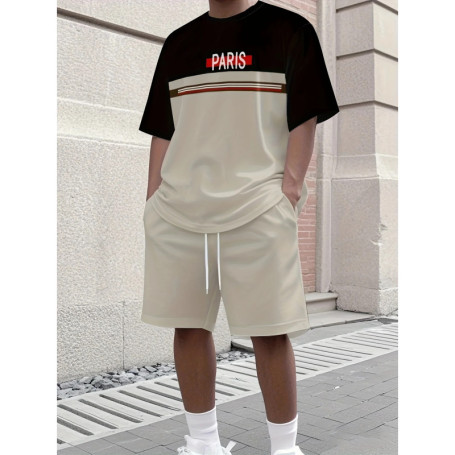 Summer Oversized T-Shirt and Shorts Set Letter Patchwork Color Print Casual Beachwear Mens Streetwear Sports Style Two-Piece Set