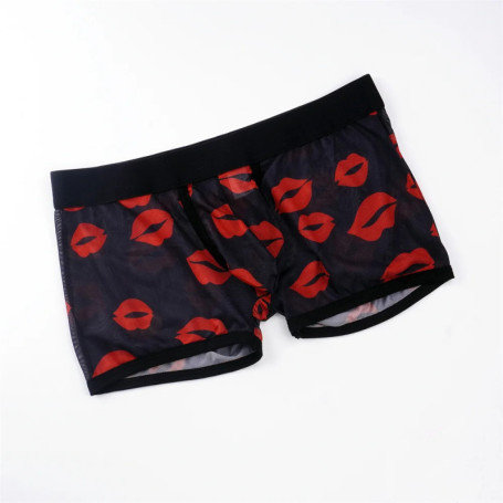 Mid Waist " Lips " Printed Men Transparent Mesh Boxers Underwear Plus Size Sexy U Pouch Trunk Shorts for Gift
