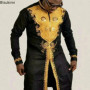 2026 Men's Clothing Stand Collar Golden Print Long Sleeve Shirt Trendy Hip Hop Africa Casual Clothes Ethnic Style Mid-Length Top