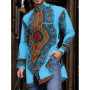 2026 Men's Clothing Stand Collar Golden Print Long Sleeve Shirt Trendy Hip Hop Africa Casual Clothes Ethnic Style Mid-Length Top