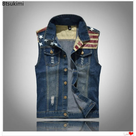 New Men's Cotton Jeans Sleeveless Jacket Dark Blue Denim Jeans Vest Men Cowboy Denim Vest Leisure Mens Jackets Tops Plus Size