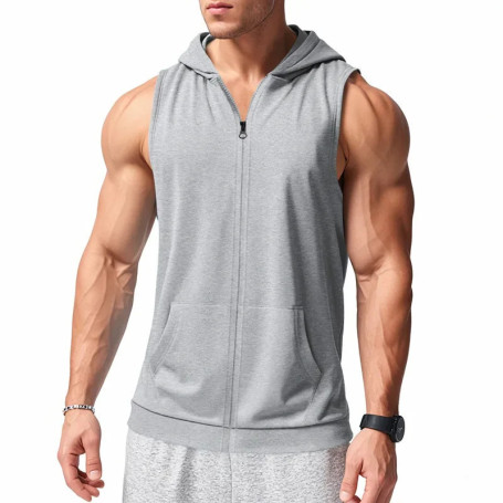 Summer Men's Hooded Zipper Tank Tops Casual Fitness Sports Vest Fashion Zipper Sleeveless Cardigan Tees Tops Male Jogging Vest