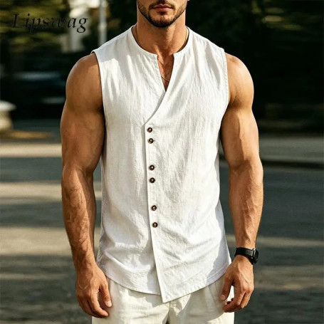 Daily Leisure Mens Loose Camisoles Summer Vintage Solid Color Sleeveless Tank Tops Outdoor Casual Men Irregular Button-up Vest