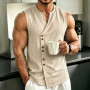 Daily Leisure Mens Loose Camisoles Summer Vintage Solid Color Sleeveless Tank Tops Outdoor Casual Men Irregular Button-up Vest