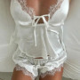 Womens Sexy Lace Trim Pajama Sets 2 Piece Satin Silk Cami Tops and Shorts Set Y2K Nightwear Sleepwear Cute Matching Lounge Set