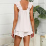 Women Summer Pajama Sets Loungewear Ruffle Shoulder Strap Tank Tops Drawstring Shorts Sleepwear Female Casual Loose Suits