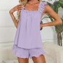Women Summer Pajama Sets Loungewear Ruffle Shoulder Strap Tank Tops Drawstring Shorts Sleepwear Female Casual Loose Suits