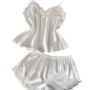 Casual Solid Color Pajama Set Satin Lace Sleepwear V-Neck Spaghetti Strap Pajamas