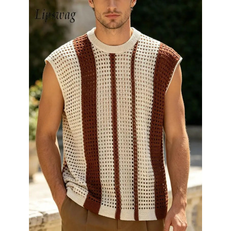 Sexy Hollow Out See Through Knit Tank Tops Men Trendy Striped Contrast Color Sleeveless Camisoles Mens Summer Casual O Neck Vest
