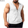 Summer New Men's Workout Hooded Tank Tops Zip-up Sleeveless Gym Bodybuilding Tees Muscle Tops Male Streetwear Casual Sweatshirts