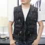 Men Spring Autumn Vest Coat Solid Color V Neck Sleeveless Multiple Pockets Denim Vest Loose Zippers Men Waistcoat For Outerwear