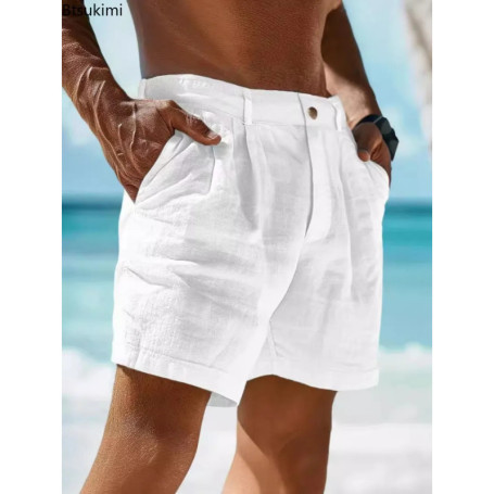 2026 Summer Cotton Linen Shorts for Men Solid Casual Button Pocket Beach Shorts Men's Comfortable Simple Vacation Leiture Pants