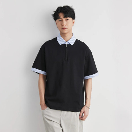 Trendy Half-zip Striped Splicing Polo Shirt Men 2026 Summer Lapel Loose Shoulder Casual Short-sleeved T-shirt