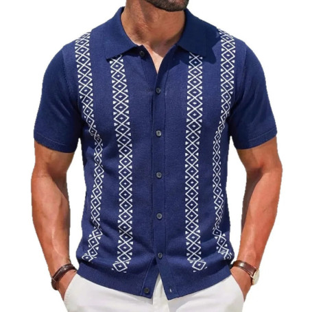 Men's European and American men's summer striped jacquard knitted shirt, fashionable short sleeved cardigan, casual polo shirt