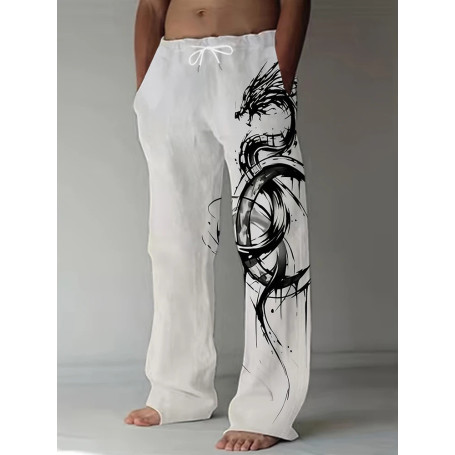 Spring Summer New Men's Cool Touch Trousers Dragon Print Stretch Breathable Trousers Hawaii Beach Drawstring Trousers