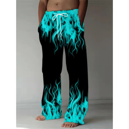 Fashion Men's Pants Casual Retro Flame Print Straight Leg Pants Summer Men'S Loose Fit Trousers With Drawstring As Gift