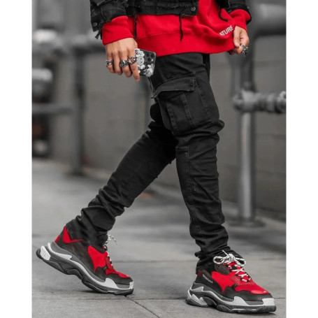 Street Elastic Jeans Men Denim Cargo Pants Wash Solid Color Multi Pockets Casual Mid Waist Trousers Slim Fit Daily Wear Joggers
