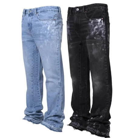 Men's Fashion Jeans Work Pants, European and American Fashion Workwear Elastic Patchwork Denim Layered Flared Pants S-XXL