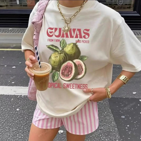 Guava Tropical Sweetness Printed Cotton T Shirts Women Funny Plant Tees Shirts Short Sleeve O-Neck American Summer Tshirts 2025