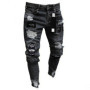 New Men's Skinny Ripped Jeans Fashion Grid Beggar Patches Slim Fit Stretch Casual Denim Pencil Pants Painting Jogging Trousers