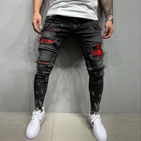 New Men's Skinny Ripped Jeans Fashion Grid Beggar Patches Slim Fit Stretch Casual Denim Pencil Pants Painting Jogging Trousers