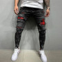 New Men's Skinny Ripped Jeans Fashion Grid Beggar Patches Slim Fit Stretch Casual Denim Pencil Pants Painting Jogging Trousers