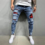 New Men's Skinny Ripped Jeans Fashion Grid Beggar Patches Slim Fit Stretch Casual Denim Pencil Pants Painting Jogging Trousers