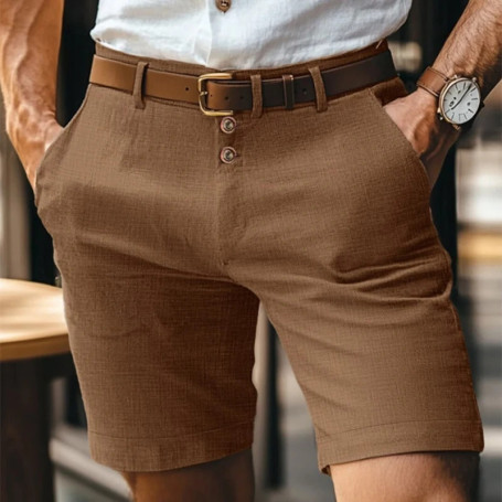 Summer Casual Shorts Men Vintage Buttoned Linen Breathable Knee Length Trousers Slim Fit Straight Male Fashion Solid Short Pants