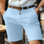 Summer Casual Shorts Men Vintage Buttoned Linen Breathable Knee Length Trousers Slim Fit Straight Male Fashion Solid Short Pants