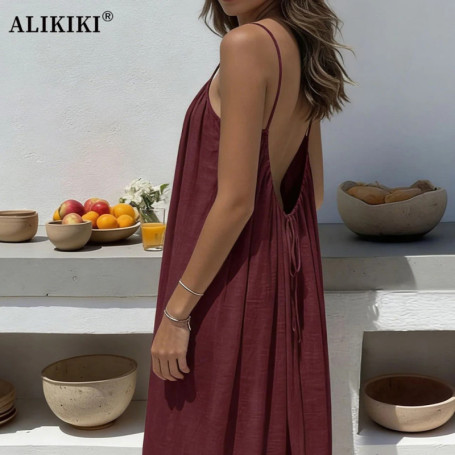 Backless Cami Dresses Open Back Lounge Dress Spaghetti Strap Sleeveless House Dress Long Sundress Holiday Beach Wear