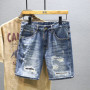 New Fashion Men Light Blue Ripped Denim Short Jeans Man Vintage Stretch Casual Trendy Denim Shorts Man Quality Straight Jeans 38