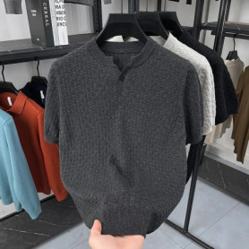 Men Trendy Henry Collar Knitwear Spring Summer 2025 Male Breathable 100 Cotton Clothes Short Sleeve Tops Pullover Knit T-shirts
