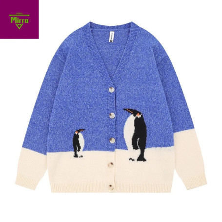 Cartoon Penguin Printed Full Cardigan Sweater with Buttons Casual V Neck Knit Cardigans Oversized Fashion Knitwears Y2k 2025
