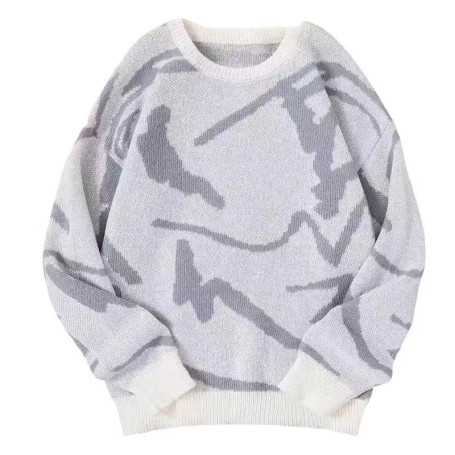 2025 New Men Graffiti Jacquard Pullover Sweater Casual Round Neck Contrast Color Knitwear Streetwear Fashion