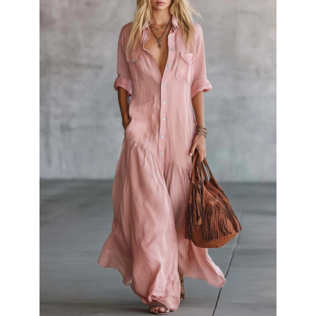 Women's Cotton Linen Shirt Dress Casual Retro Short Sleeve V Neck Front Button Maxi Dress Elegant Pleated Pocket Vacation Dress