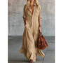 Women's Cotton Linen Shirt Dress Casual Retro Short Sleeve V Neck Front Button Maxi Dress Elegant Pleated Pocket Vacation Dress