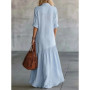 Women's Cotton Linen Shirt Dress Casual Retro Short Sleeve V Neck Front Button Maxi Dress Elegant Pleated Pocket Vacation Dress