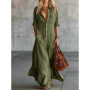 Women's Cotton Linen Shirt Dress Casual Retro Short Sleeve V Neck Front Button Maxi Dress Elegant Pleated Pocket Vacation Dress