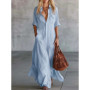 Women's Cotton Linen Shirt Dress Casual Retro Short Sleeve V Neck Front Button Maxi Dress Elegant Pleated Pocket Vacation Dress