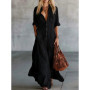 Women's Cotton Linen Shirt Dress Casual Retro Short Sleeve V Neck Front Button Maxi Dress Elegant Pleated Pocket Vacation Dress