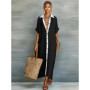 2026 Spring Turn-down Collar Button Shirt Dress Woman Casual Patchwork Loose Long Dress Summer Short Sleeve Beach Vacation Dress