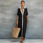 2026 Spring Turn-down Collar Button Shirt Dress Woman Casual Patchwork Loose Long Dress Summer Short Sleeve Beach Vacation Dress