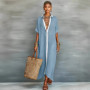 2026 Spring Turn-down Collar Button Shirt Dress Woman Casual Patchwork Loose Long Dress Summer Short Sleeve Beach Vacation Dress