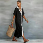 2026 Spring Turn-down Collar Button Shirt Dress Woman Casual Patchwork Loose Long Dress Summer Short Sleeve Beach Vacation Dress