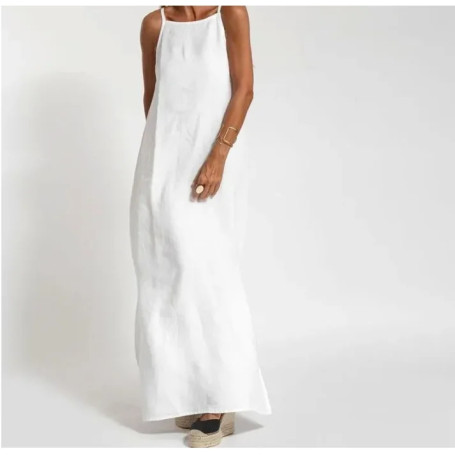 Women Cotton linen Side Split Long Slip Dress Summer Lady Strapless Solid Color Holiday Party Dresses